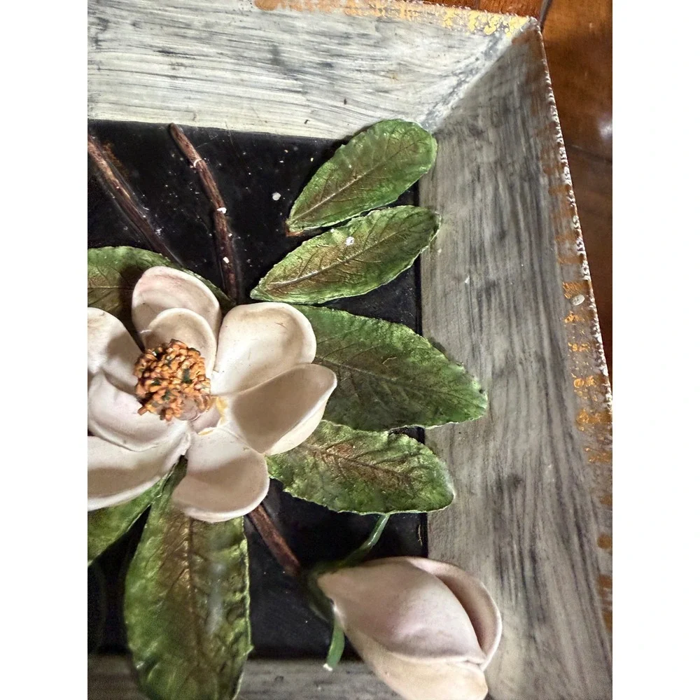Vintage 3D Ceramic Magnolia Flower Wall Art Plaque Rustic Faux Wood Frame Square
